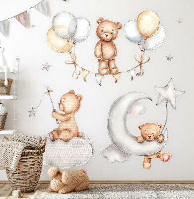 Samolepka na zeď 80x117 Pasteloví medvídci a balónky ve stylu akvarelu