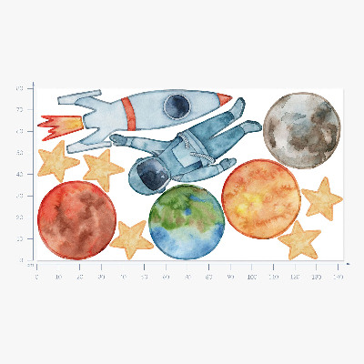 Samolepka na zeď 80x143 Vesmírné planety s astronautem a akvarelovou raketou