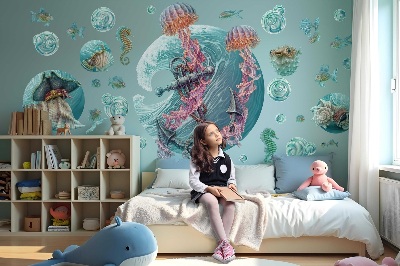 Samolepka na zeď 80x82 Podvodní pohádka s medúzami v pastelových barvách