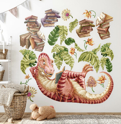 Nálepka na zeď 80x119 Červený dinosaurus s kresbami a květinami