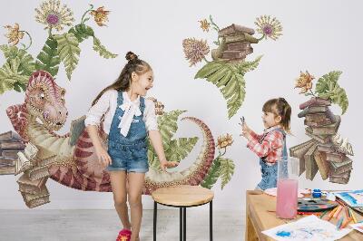 Nálepka na zeď 80x119 Červený dinosaurus s kresbami a květinami