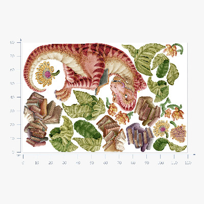 Nálepka na zeď 80x119 Červený dinosaurus s kresbami a květinami