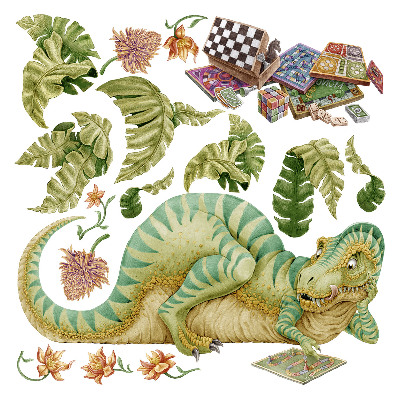 Nálepka 80x103 Dinosauří vzor s listy a květy v pastelových barvách