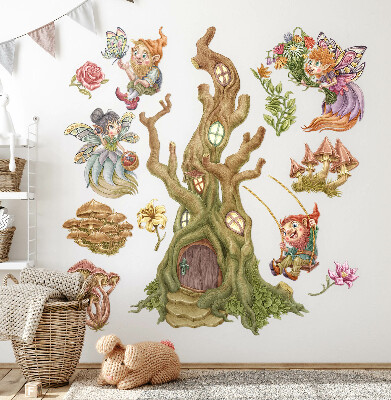 Samolepka na zeď 80x83 Lesní stvoření a pastelový dům na stromě