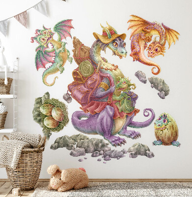 Samolepka na zeď 80x97 Pohádková rodinka barevných draků v pastelech
