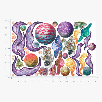 Nálepka na zeď 80x123 Vesmírná dobrodružství raket a planet v pastelových barvách