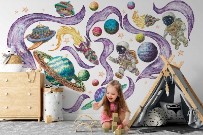 Nálepka 80x138 Astronautské rakety na pozadí planet v pastelových barvách