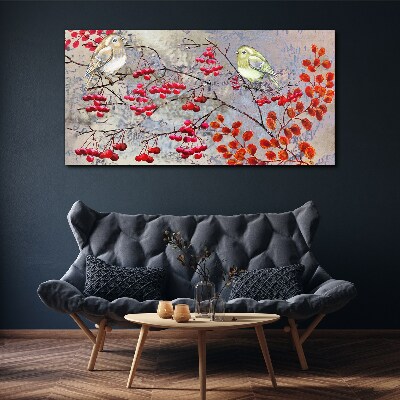 Obraz na plátně Větve ovoce listy ptáků