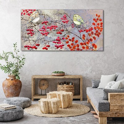Obraz na plátně Větve ovoce listy ptáků