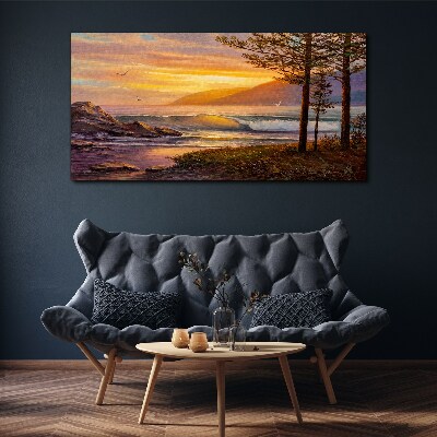 Obraz na plátně Stromy vlny západu slunce