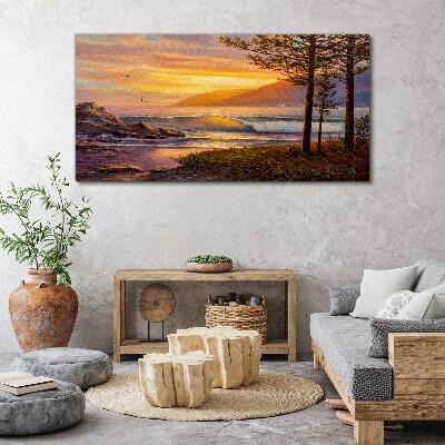 Obraz na plátně Stromy vlny západu slunce