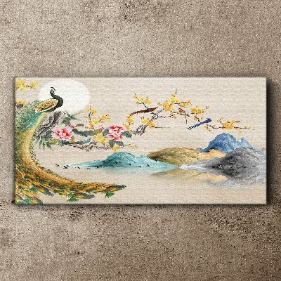 Obraz na plátně Abstrakce hory páv květiny