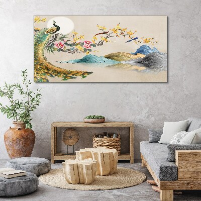 Obraz na plátně Abstrakce hory páv květiny