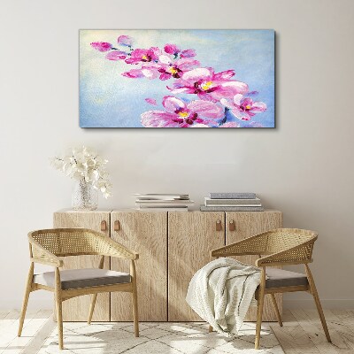 Obraz na plátně Růžové orchideje na modrém pozadí