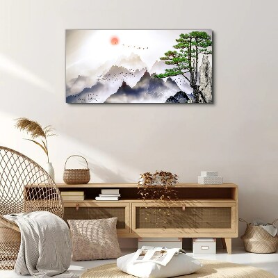 Obraz na plátně Horské mlhy slunce strom