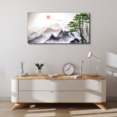 Obraz na plátně Horské mlhy slunce strom