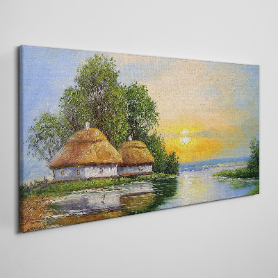 Obraz na plátně Poklidný západ slunce nad vesnicí