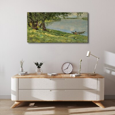 Obraz na plátně Malování lodí jezero strom