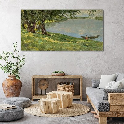 Obraz na plátně Malování lodí jezero strom