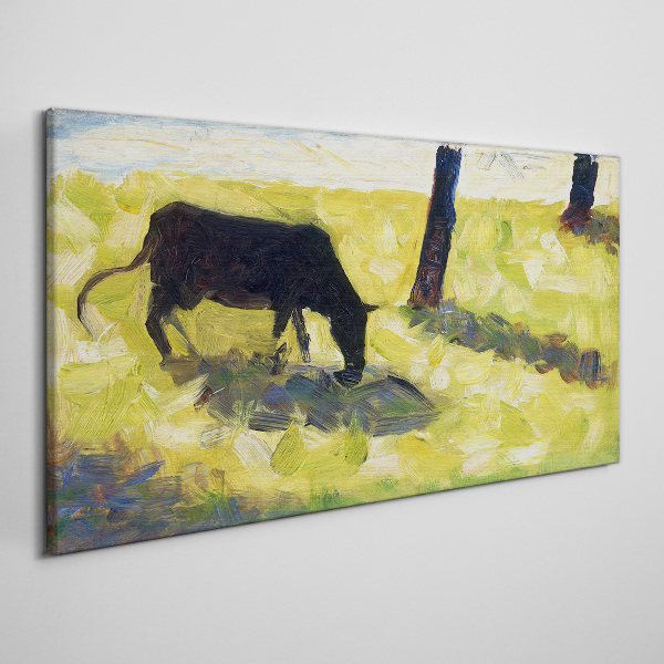 Obraz na plátně Černá kráva v seuratové louce
