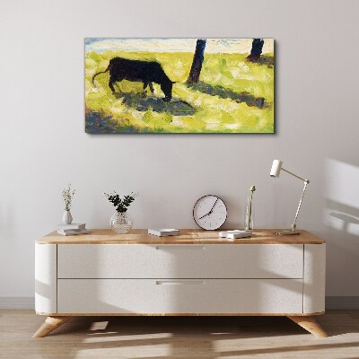Obraz na plátně Černá kráva v seuratové louce