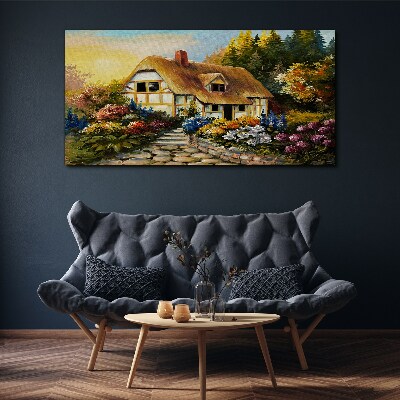 Obraz na plátně Květiny strom chata venkov