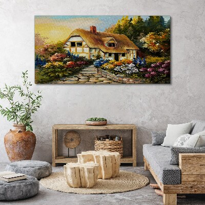 Obraz na plátně Květiny strom chata venkov