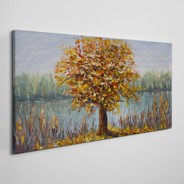 Obraz na plátně Jezero stromy podzimní listí