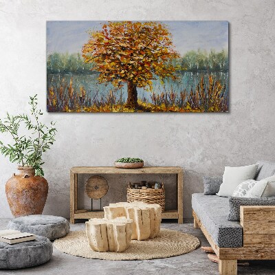 Obraz na plátně Jezero stromy podzimní listí