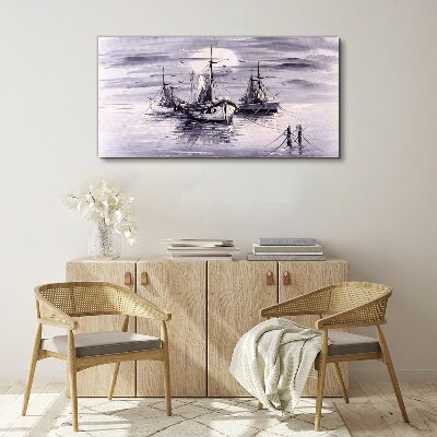 Obraz na plátně Noční měsíc mořské lodě