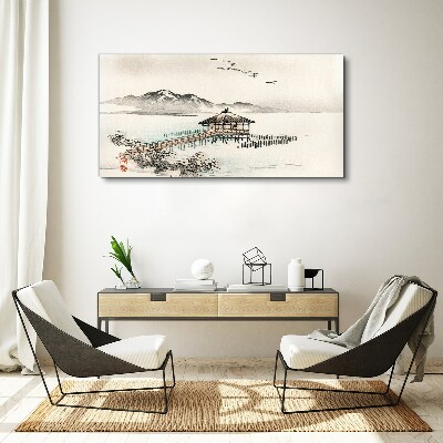 Obraz na plátně Jezero Chata hory ptáci