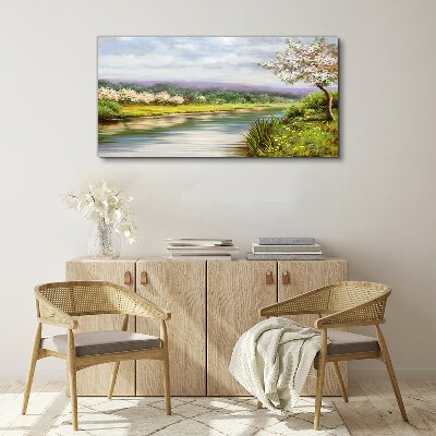 Obraz na plátně Strom řeka květiny krajina