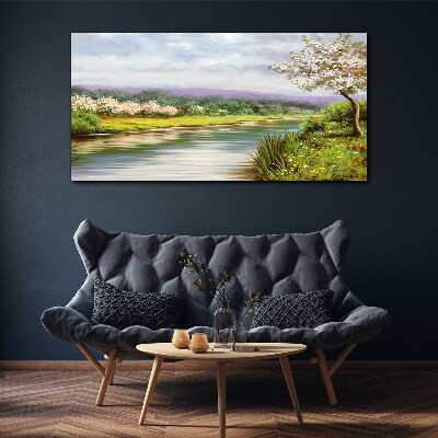 Obraz na plátně Strom řeka květiny krajina