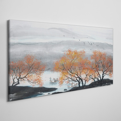 Obraz na plátně Hory stromy lodě