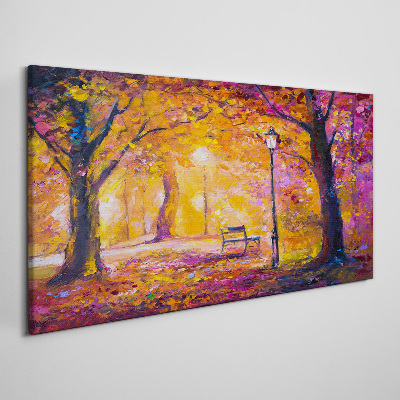 Obraz na plátně Lesní park Stromy lampa lavice