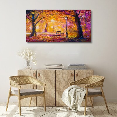 Obraz na plátně Lesní park Stromy lampa lavice