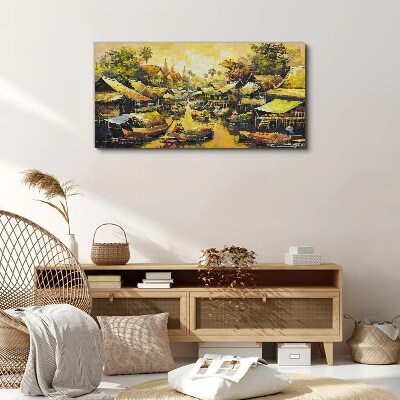Obraz na plátně Lodě vesnice stromy obloha