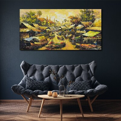 Obraz na plátně Lodě vesnice stromy obloha