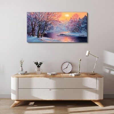 Obraz na plátně Zimní řeka stromy slunce