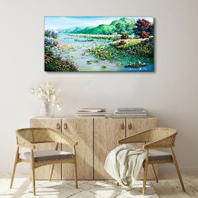 Obraz na plátně Řeka květy květy kopce