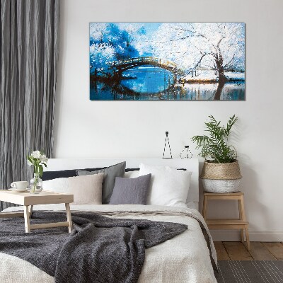 Obraz na skle Zimní říční strom most