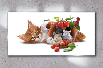 Obraz na skle Obrázek skleněné zvířata kočka krysí ovoce