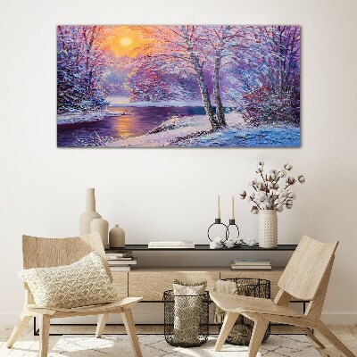 Obraz na skle Zimní Les Les River Sunset