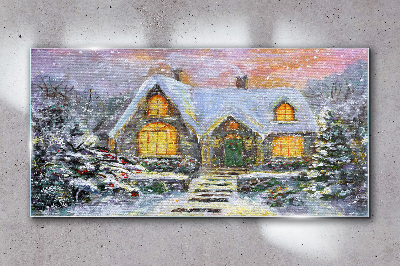 Obraz na skle Zimní krajina s domem v lese