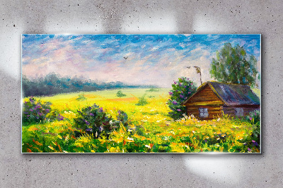 Obraz na skle Letní krajiny s chatou v poli