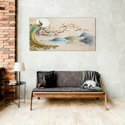 Obraz na skle Abstrakce hory páv květiny