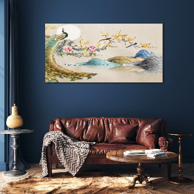 Obraz na skle Abstrakce hory páv květiny