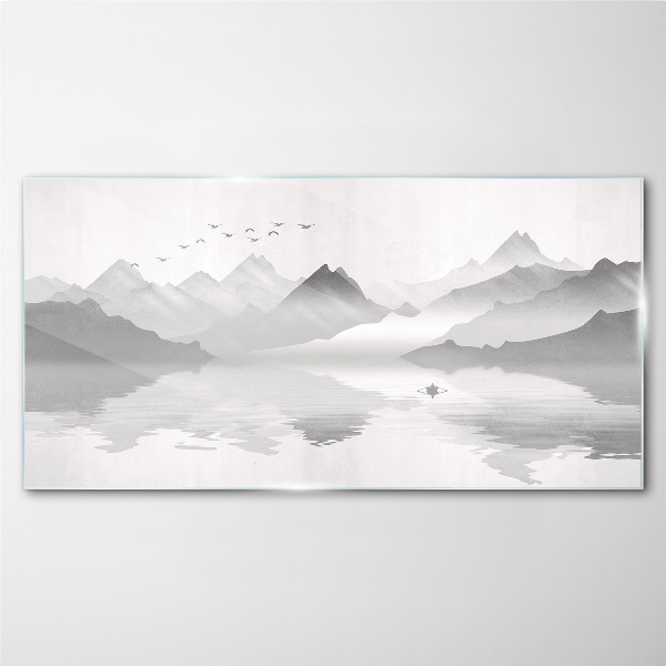 Obraz na skle Abstrakce Jezero hory ptáků