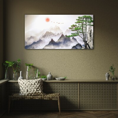 Obraz na skle Horské mlhy slunce strom