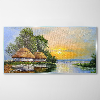 Obraz na skle Poklidný západ slunce nad vesnicí
